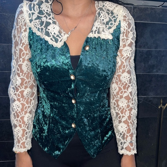 Vintage lace velvet green 80s button blouse - Picture 12 of 12